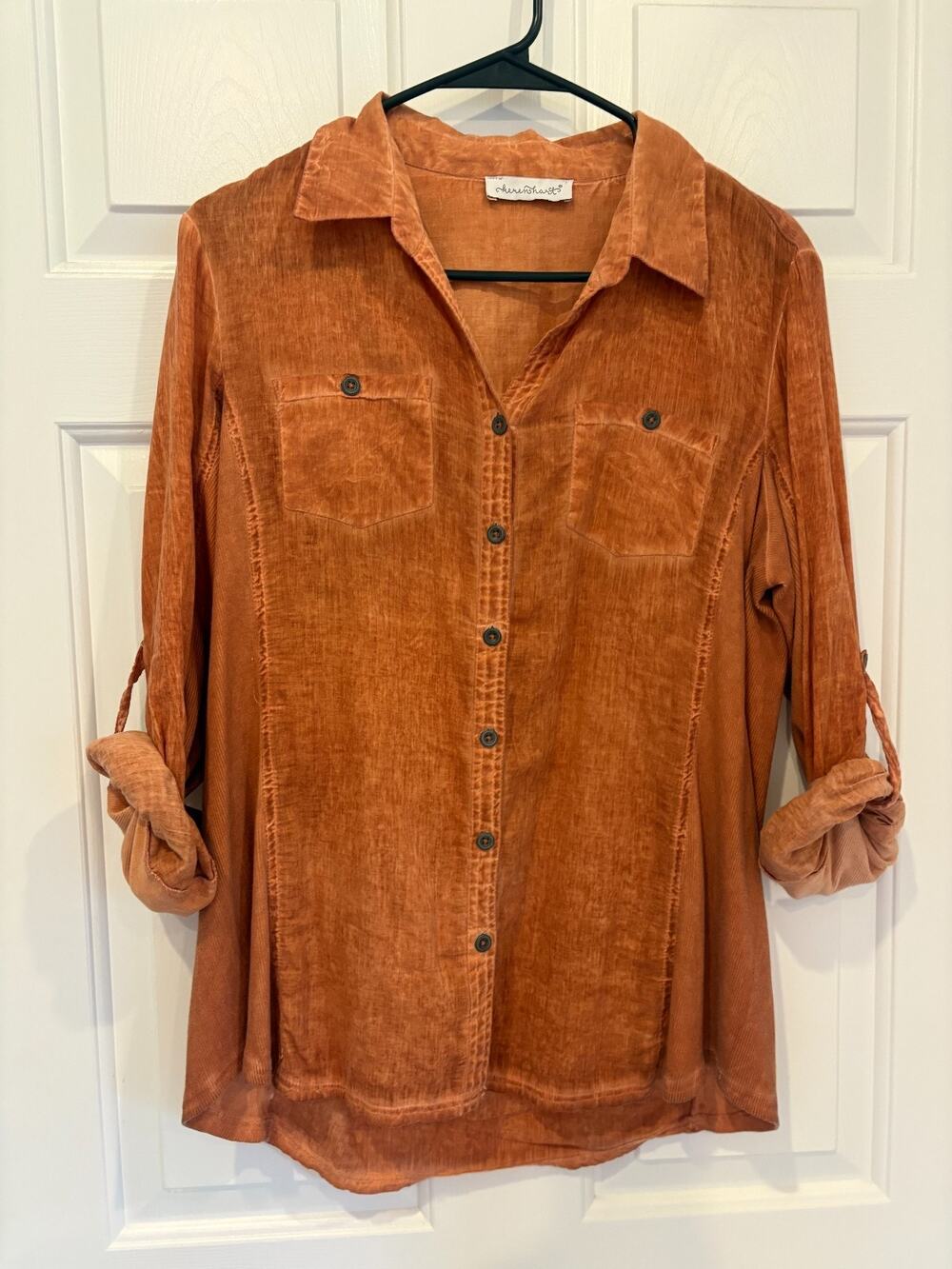 Keren Hart Women's Ribbed Button-Down Blouse - Burnt Orange - Long Sleeve S 6-10